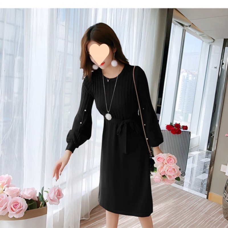 autumn winter o-neck midi sweater dress women A-Line midi sweater dress with belt elegant a-line solid loose dress 220316