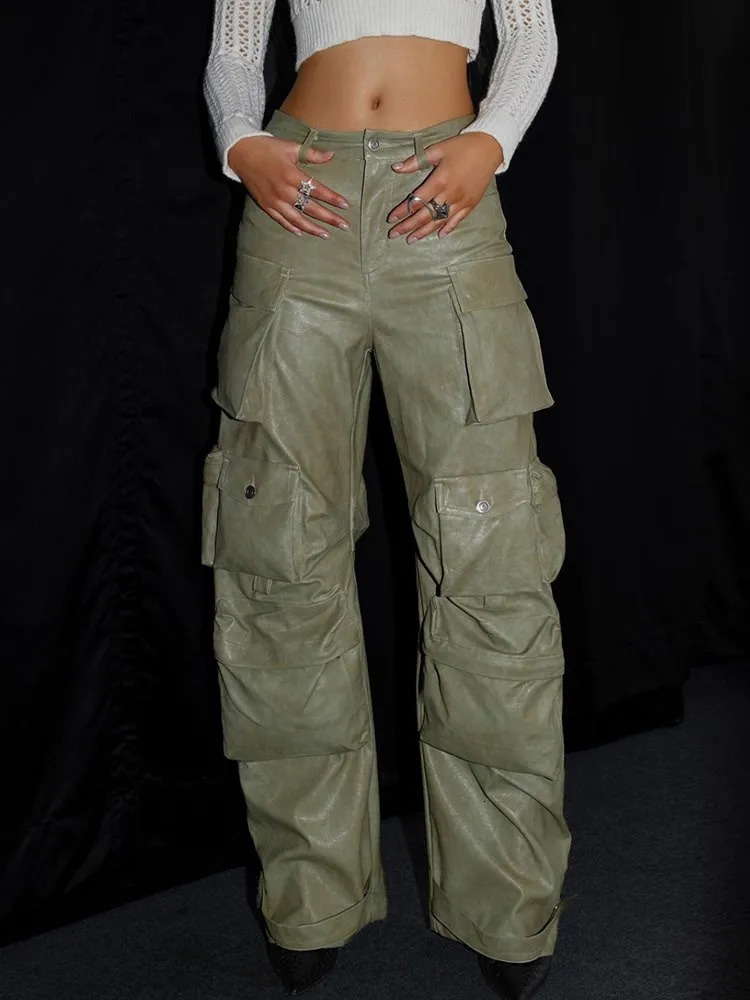 Solid Loose Spliced Pockets Streetwear Pant For Women High Waist Patchwoek Zippers Pu Leather Trousers Female Autumn Clothes 241007