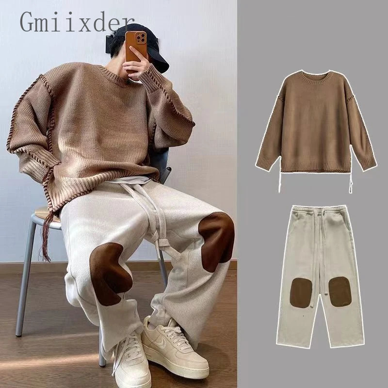 Trendy High Street Retro Casual Suit Mens Handsome Korean Version Autumn Winter Fashion Pants Complete Set Aesthetic 241017