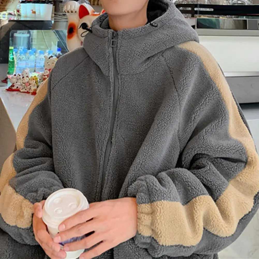 Loose Fit Men Jacket Hooded Men Jacket Winter Warm Mens Hooded Jacket with Faux Sherpa Drawstring Hem Contrast for StudentsXJ241017