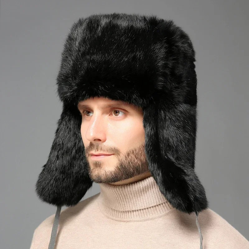 Winter Russian Man Woman Wholeskin Faux Rex Rabbit Fur Hats Faux Sheep Skin Leather Cap Fur Bomber Hat Ushanka Hats 241009