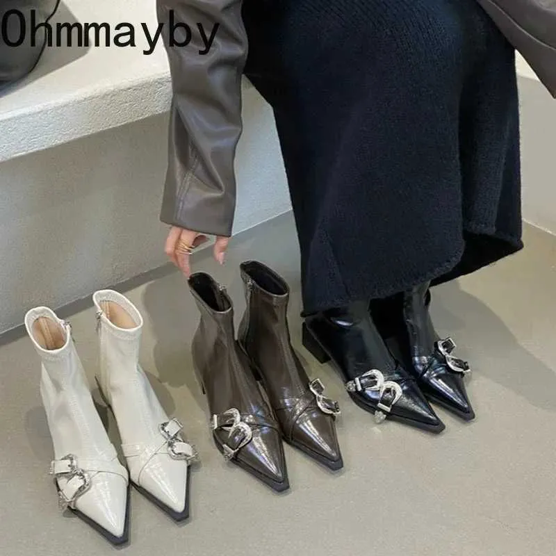 Designer Boot Pointed Toe Women Ankle Boots Fashion Thick Heel Slimming Short Booties Autumn Winter Female Shoesl486