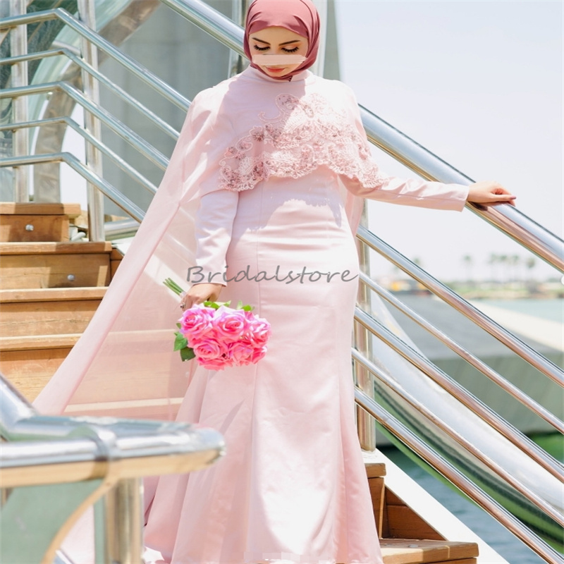 Islamic Muslim Pink Evening Dress With Cape Clock O Neck Appliques Lace Long Sleeve Abaya Arabic Prom Dress Formal Reception Robe De Mariage Vestio De
