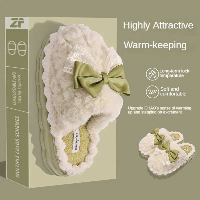 Soft Bow Winter Womens Slippers Home Cotton Shoes EVA Artificial Plush Fur 4cm Thick Platform Womens SandalsCL241017