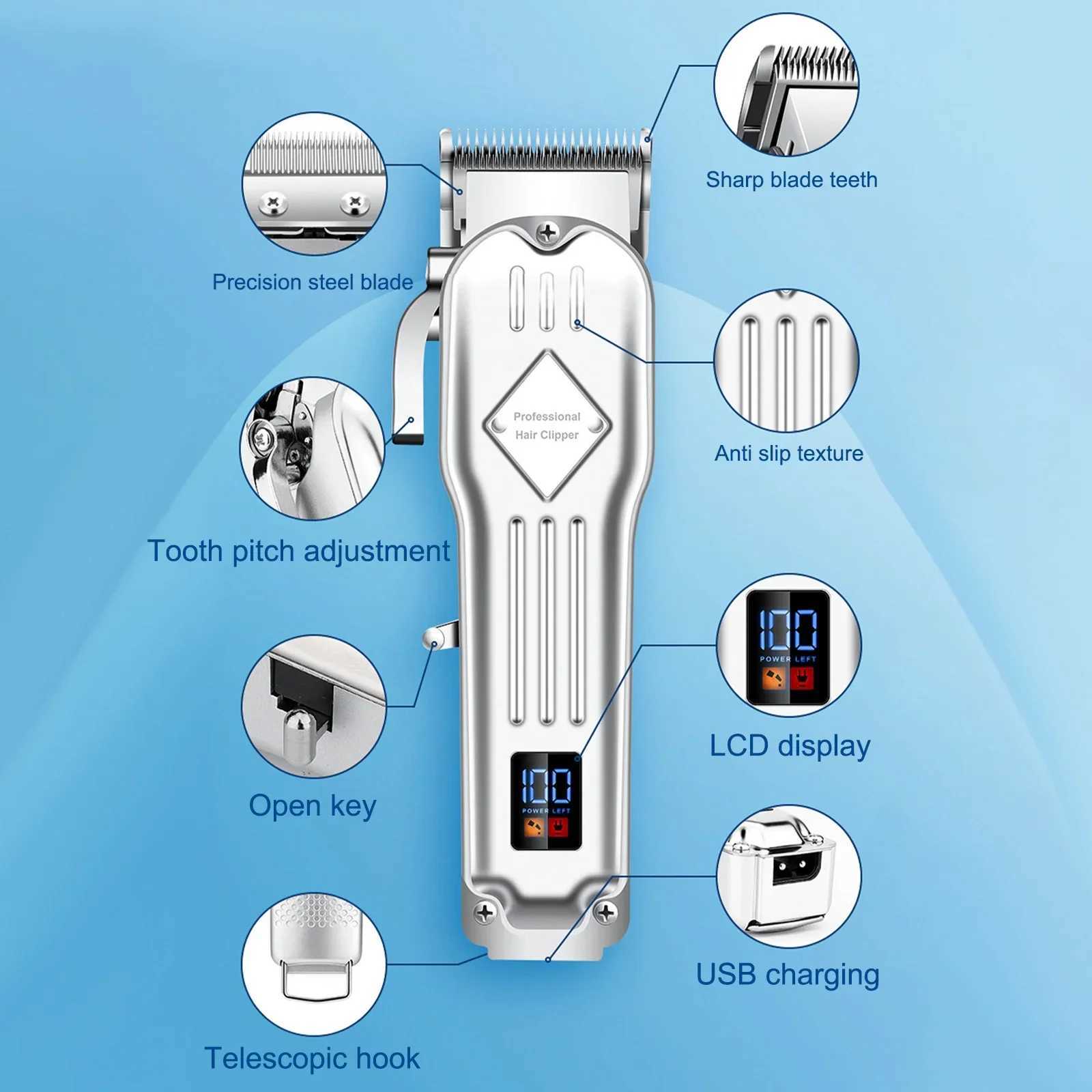 Mens Electric Hair Clipper Cordless Beard Trimmer Kit Bald Shaver Hair Clipper Kit Barber Hair Clipper with LCD Display 9 Guide Combs W241017