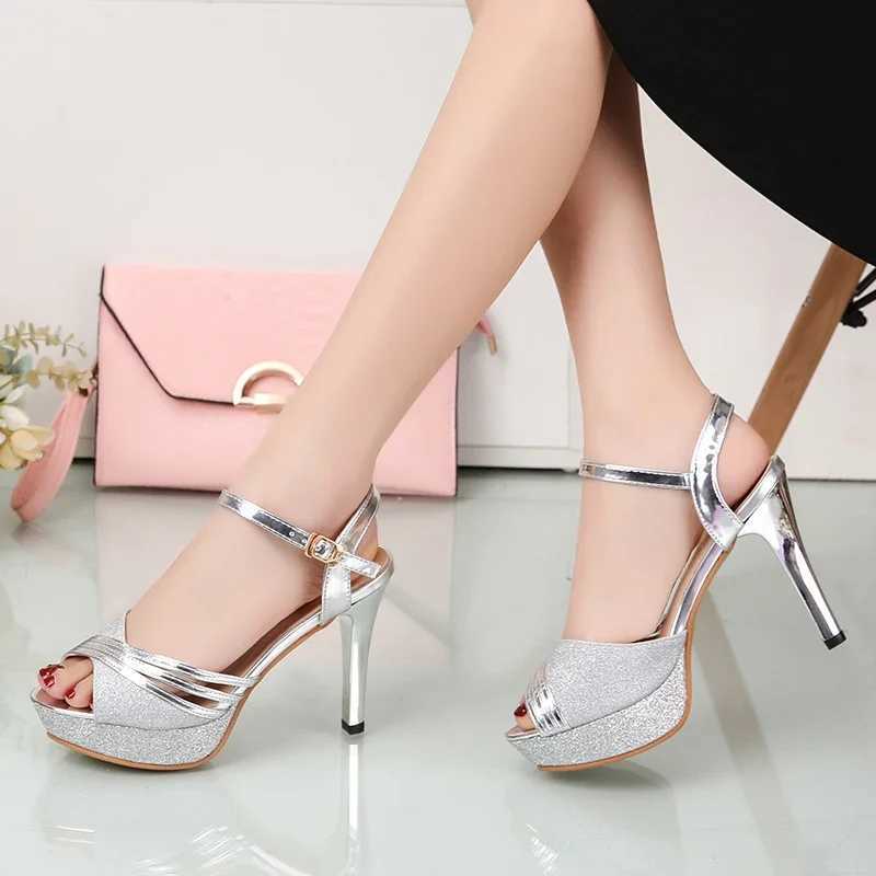 Womens Sandals 2020 Summer Womens Dress Shiny Wedding Silver High Heels Pump Women Zapatos Mujer 7217 Y241017