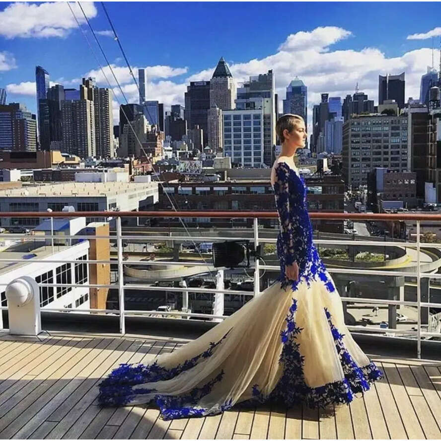 Arrival Long New 2020 Sleeve Royal Blue Lace Evening Dresses Mermaid Tulle Prom Gowns Vestidos De Fiesta