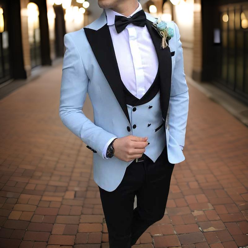 Slim Fit Men Suits For Wedding With Black Peaked Lapel Sky BLue Formal Groom Tuxedo 3 Piece Male Set Blazer Pants Vest Latest Style