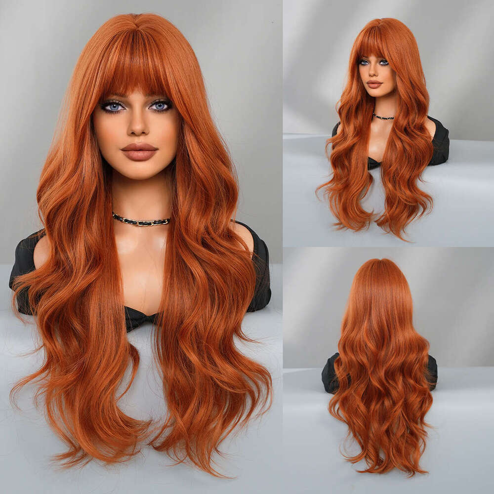 Wig Headband With Bangs, Long Curly Hair, Rose Net Synthetic Wig, Dark Orange Wigs