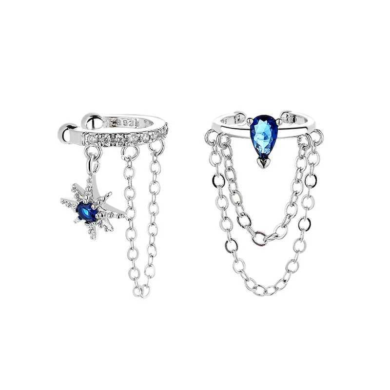 Winoneday 1 piece asymmetrical double chain womens earrings blue water droplet star CZ earrings cuffs fake earrings fashion jewelry W241017