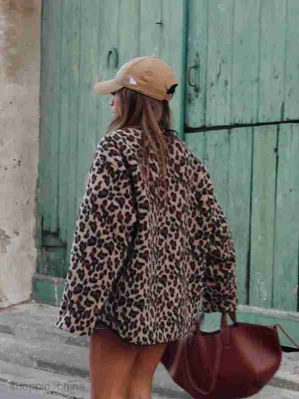 Women Jackets Coats Women's autumn and winter loose round neck leopard print lamb wool warm long sleeved jacket for women