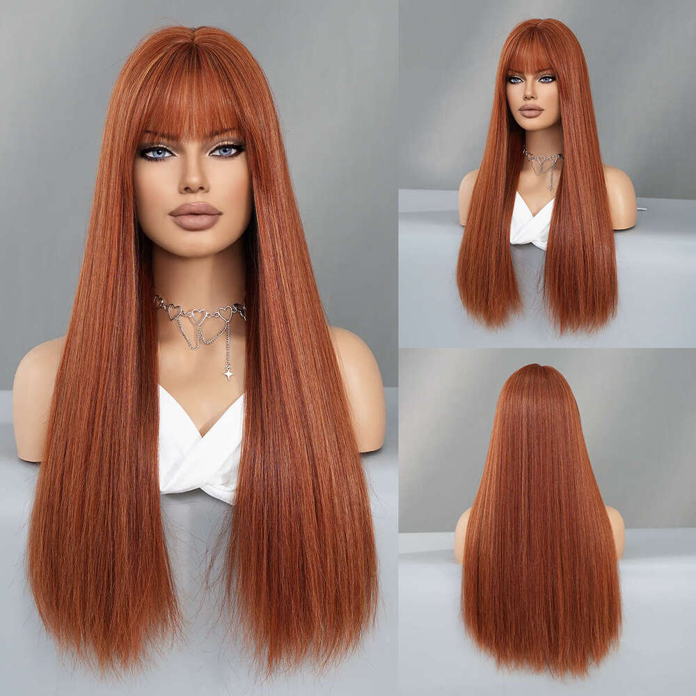 Wig Women's Long Straight Hair Pink Spot Dyed Lolita Natural Full Head Set Tik Tok Wigs