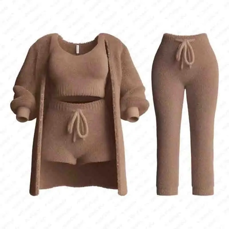 Womens Fuzzy 3-Piece 3 Pe Set O-Collar Cut Tank Top Long Sleeve Wool Warm Hooded Cardigan Shorts Set Casual Wear 241017