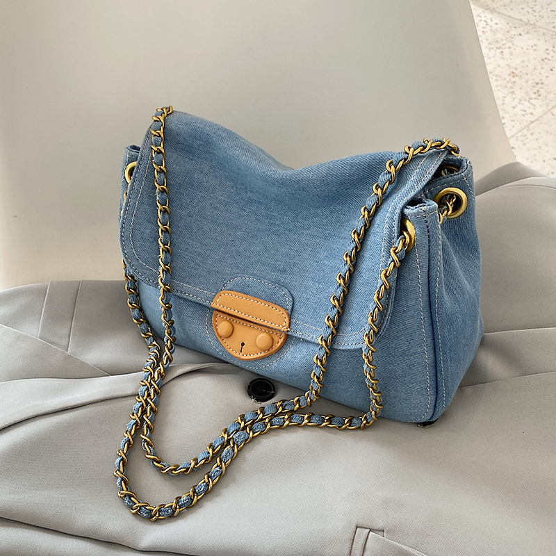Vintage Blue Denim Quilted Women Shoulder Bags Designer Brand Handbags Chains Jeans Messenger Bag Large Tote Female Purse