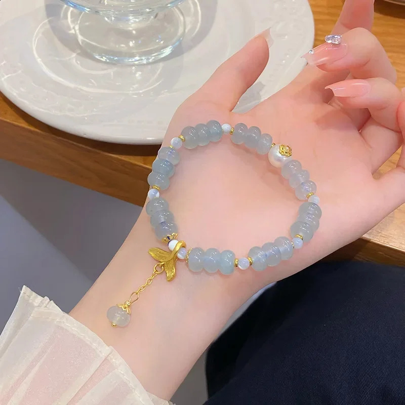 Elegant natural stone light blue Chalcedony beads womens bracelet gold fish tail flower pendant bracelet accessory 1252 241017