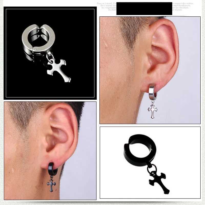 Gothic punk titanium steel cross earrings clip fashionable hip-hop cool black fake perforated cross pendant earrings mens jewelry gift W241017