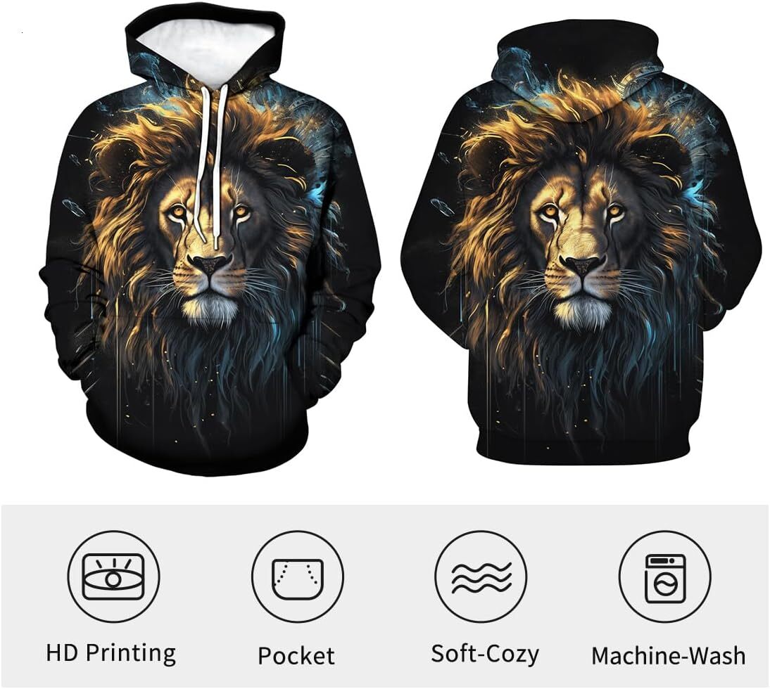 Hoodie for Mens Womens cool Unisex Novelty 3D Printing Hoodie Lion Funny Long Sleeve Drawstring Sweatshirt Hoodies Graphic Hoodies sweatshirt Fashion 