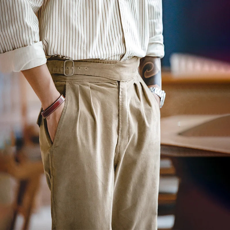 Maden Retro Corduroy Gurkha Mens Adjustable Double Waist Label Solid Color Straight Casual Pants Autumn Trouser 241017