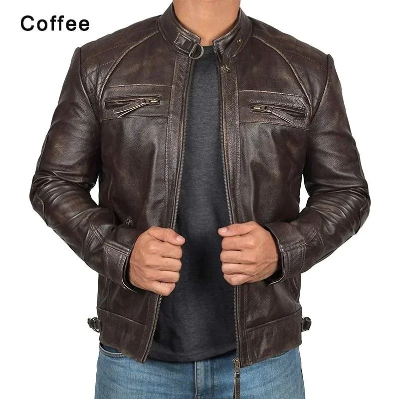 Plus Size Jacket S-5XL Mens Autumn Winter Leather Jacket Casual Stand Collar Motorcycle Biker Coat Zip Up Outwear 241017
