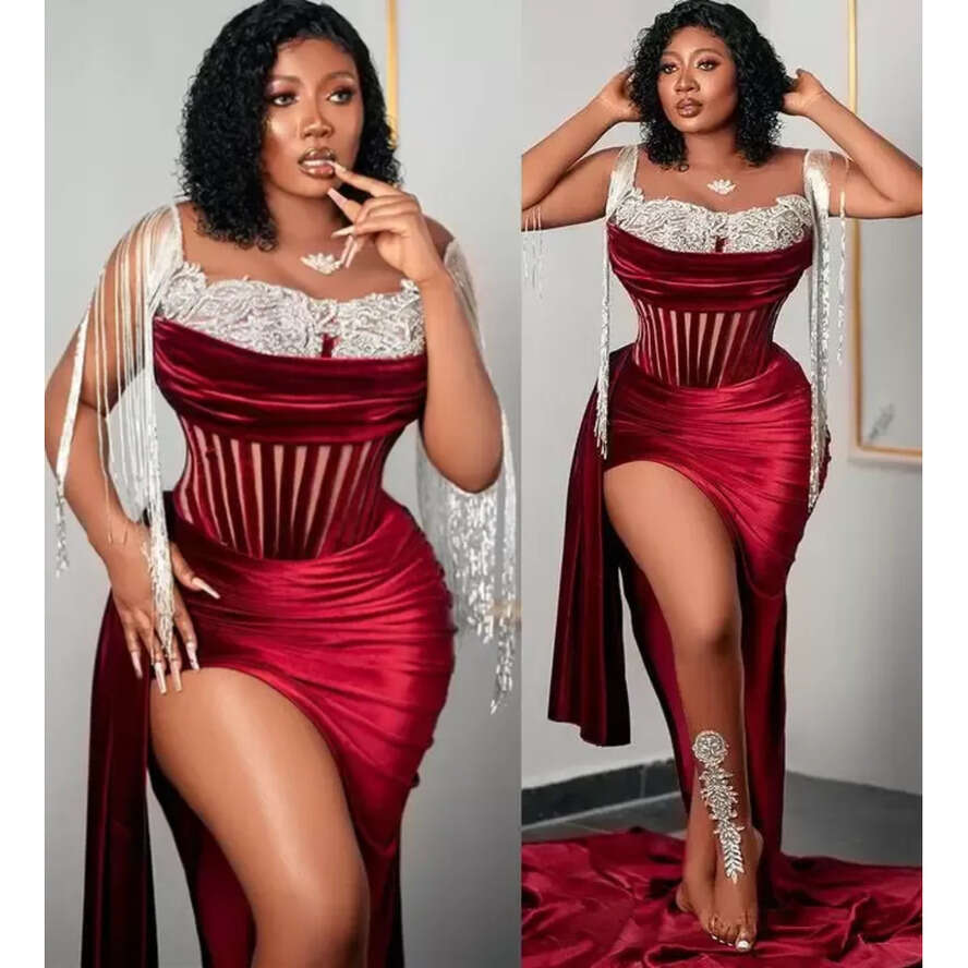 Plus Arabic 2022 Size Aso Ebi Bury Urious Veet Prom Dresses Lace Beaded Evening Formal Party Second Reception Birthday Engagement Gowns Dress Cg001