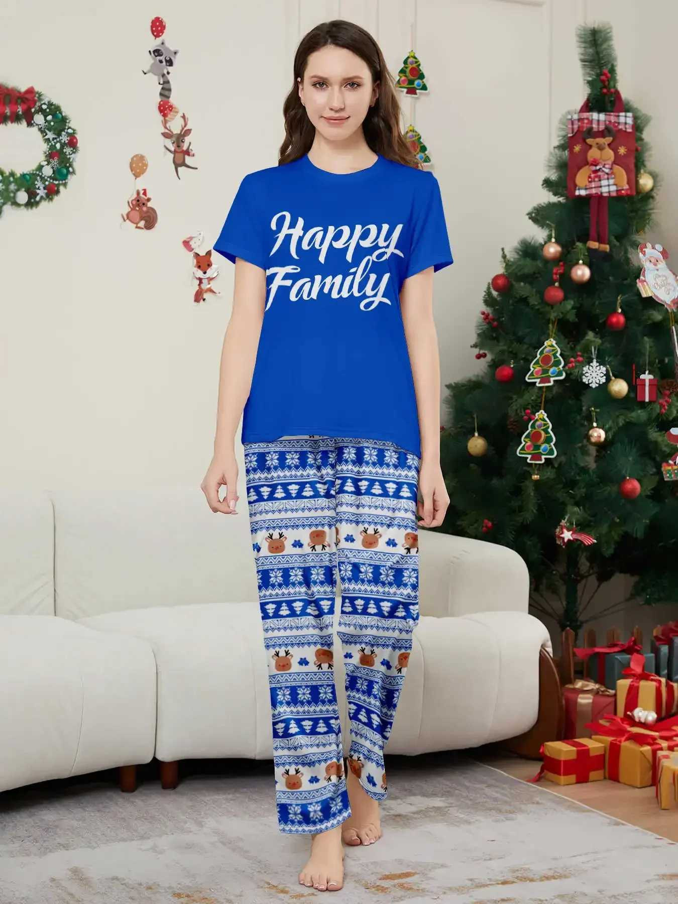 Happy Family Print Mom Daughter Dad Son Matching Clothes Short sleeved Top+Trousers 2-piece Christmas Pajama Set Christmas Appearance W241015