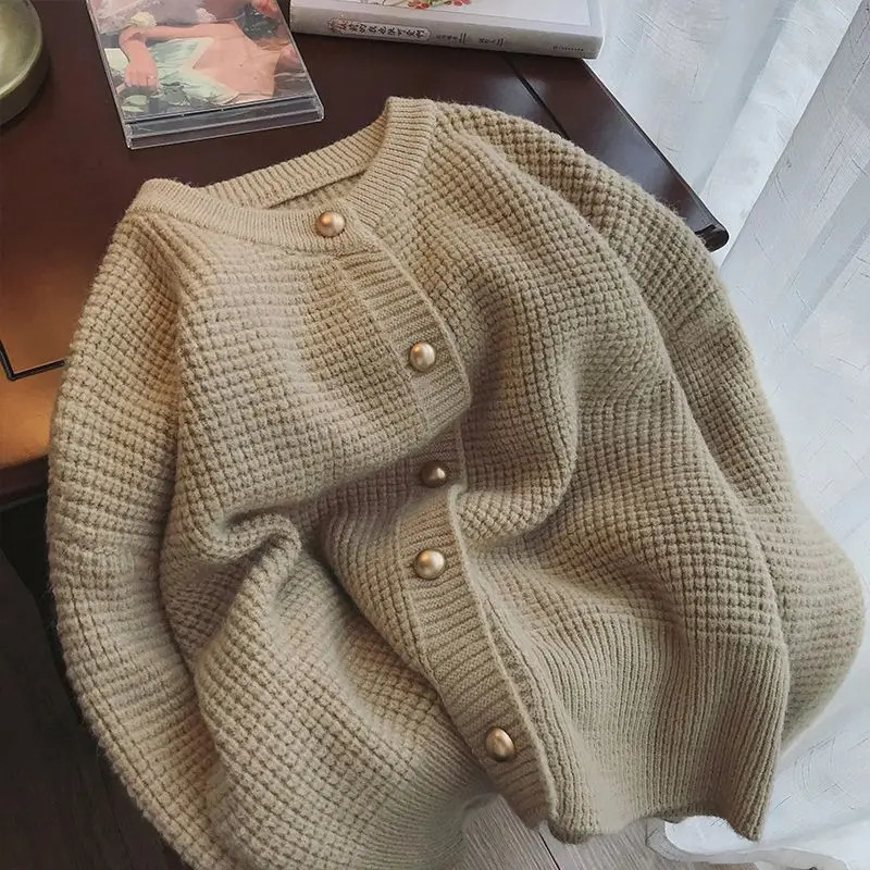 Autumn Winter Round Neck Long Sleeve Fashion Sweater Women Solid Color Waffler Button Cardigan Elegant All-match Chic Tops 241017