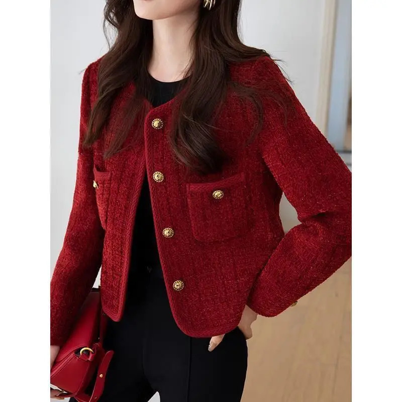 Cropped Tweed Jackets Women Single-breasted Blazer Chic Pockets Office Ladies Clothing High-end Spring Autumn Coat 241017