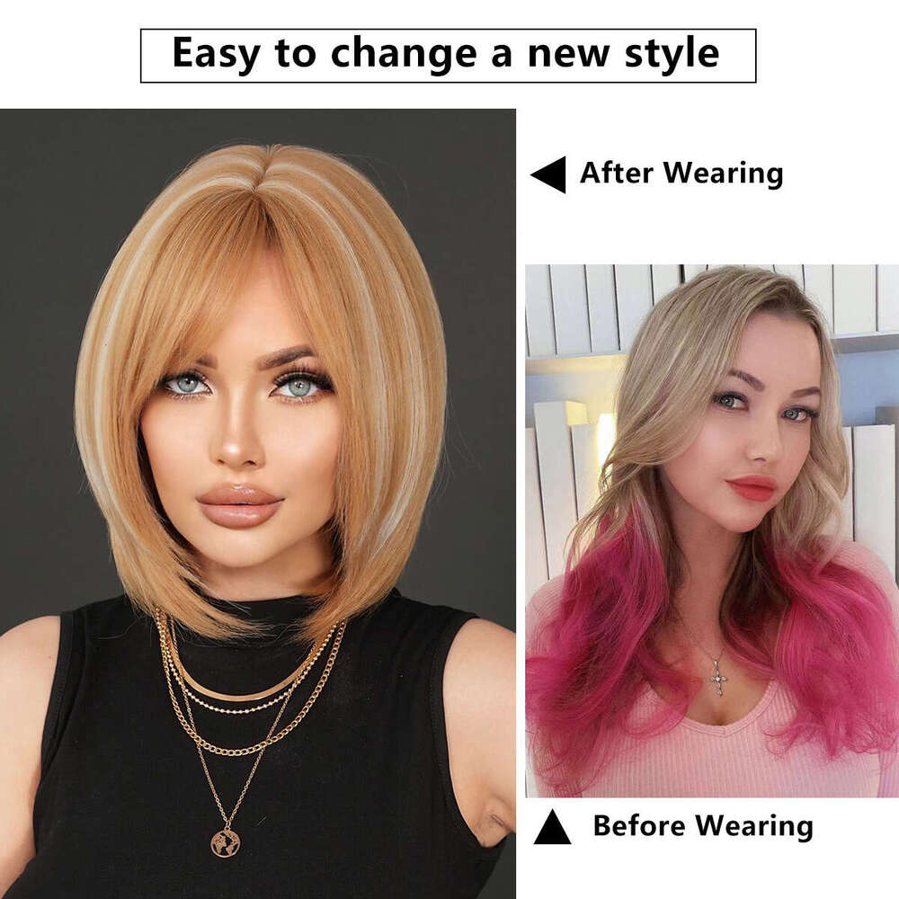 Girls' Gold Dyed White Bob With Slanted Bangs, Short Straight Hair, Synthetic High-Temperature Silk Wig