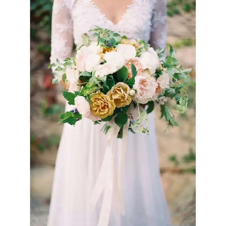 With Dresses Boho Wedding Sleeves A-E V-Neck White Chiffon Appliques Lace Illusion Bodice Bridal Gowns Casual Abito Da Sposa