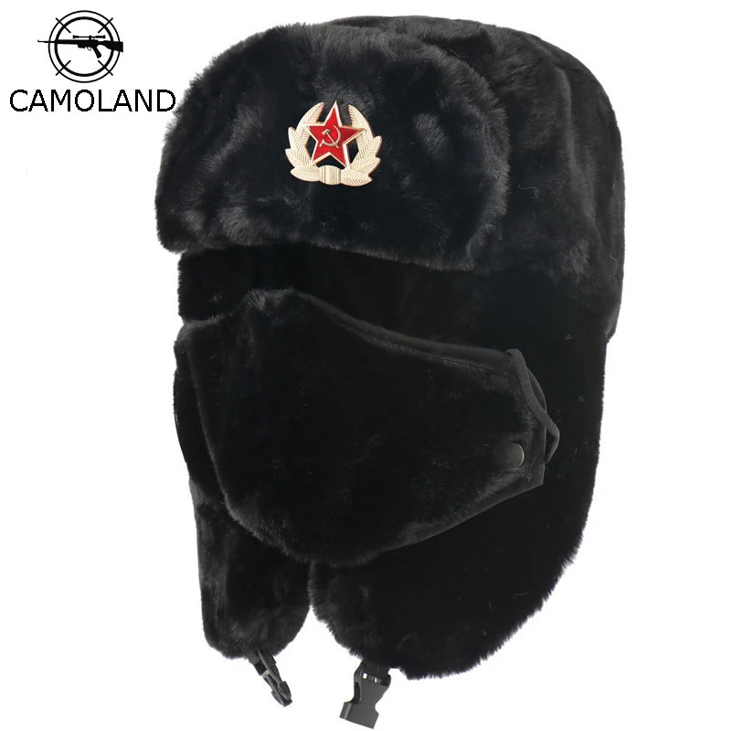 CAMOLAND Soviet Army Military Badge Bomber Hat Men Women Russia Ushanka Hats Faux Rabbit Fur Earflap Snow Caps Trapper 241016