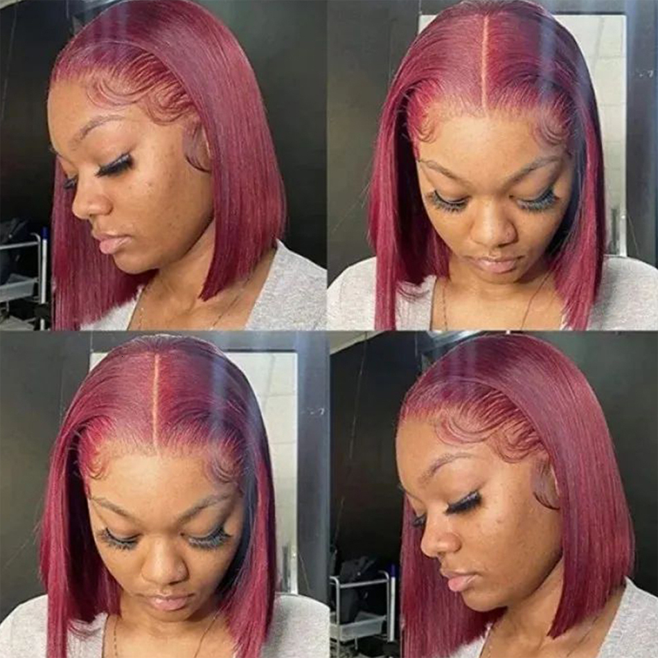 14 Inch 99J Bury Short Bob Human Hair Wigs 13X4 Red Straight Transparent Lace Front Wig Pre Plucked For Women 200% Density