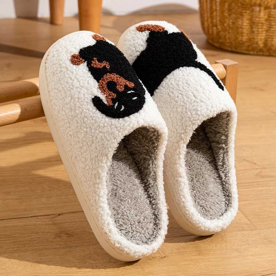 Winter womens slippers cute and interesting cartoon little black dog indoor warm and comfortable family bedroom soft plush shoesCL241017