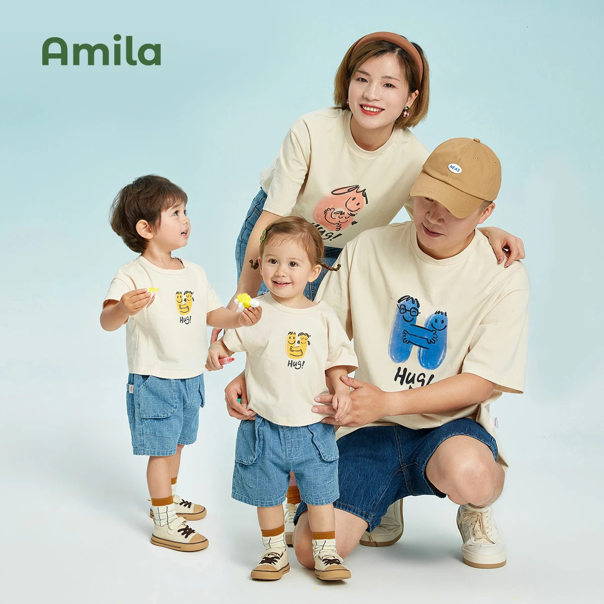Amila Childrens Cothing Family Hortsleeved Tshirt Parentchild Wear Summer Outing Season Cotton Tops 241017