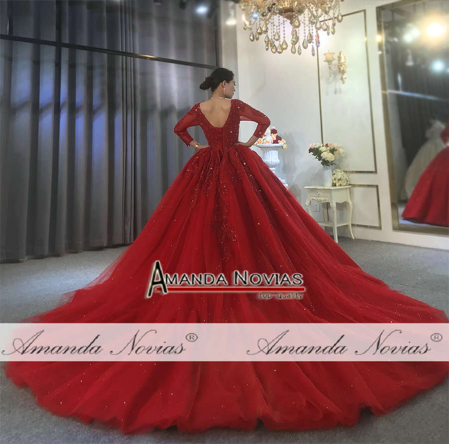 wedding with long lace sleeves bridal dress red color evenings