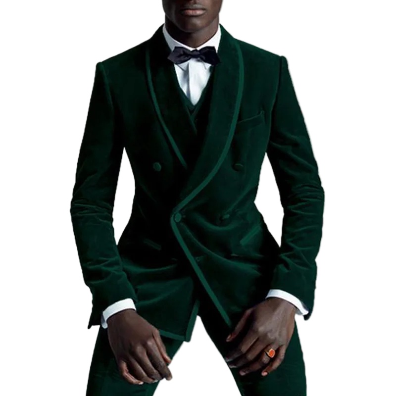 African Velvet Men Suits Slim Fit With Double Breasted Wedding Tuxedo 3 Piece Male Fashion Costume Jacket With Vest For Prom