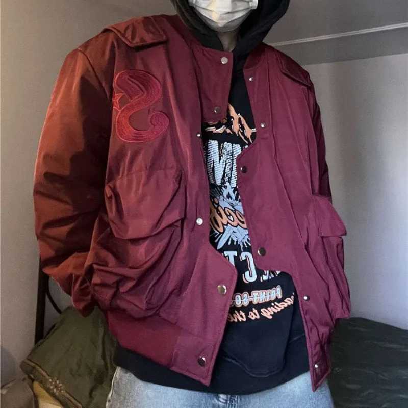 Wine Red Pilot Jacket Mens Spring Irregular Single Chest Jacket Retro American Star Baseball Jacket Couple Academy Jacket M241017