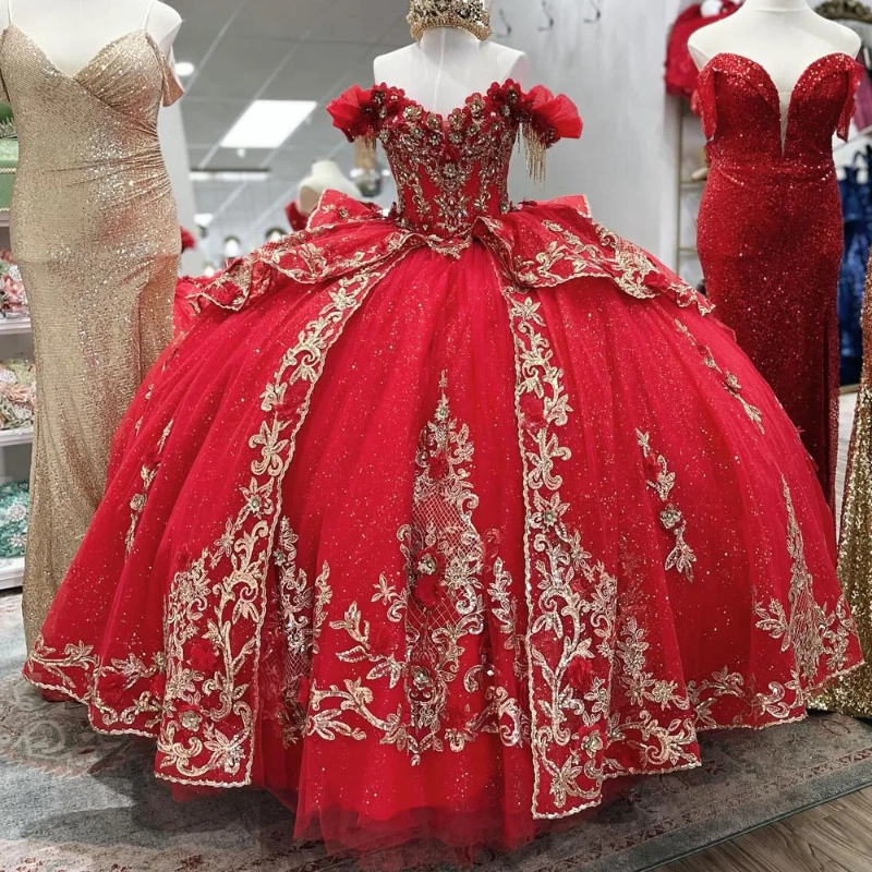 Red Glitter Quinceanera Dresses Ball Gown Off Shoulder Gold Applique Lace Beaded Crystal Tull Corset Sweet 16 Dress Vestido De 15 Anos 0220