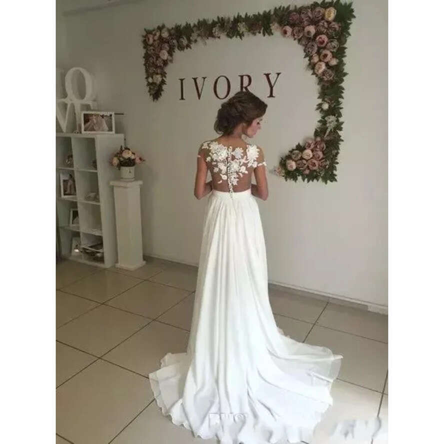 Wedding Chiffon Summer Bohemian Dresses Cheap Sheer Crew Neck Lace Appliques High Spplit Hollow Back Boho Beach Long Bridal Gowns