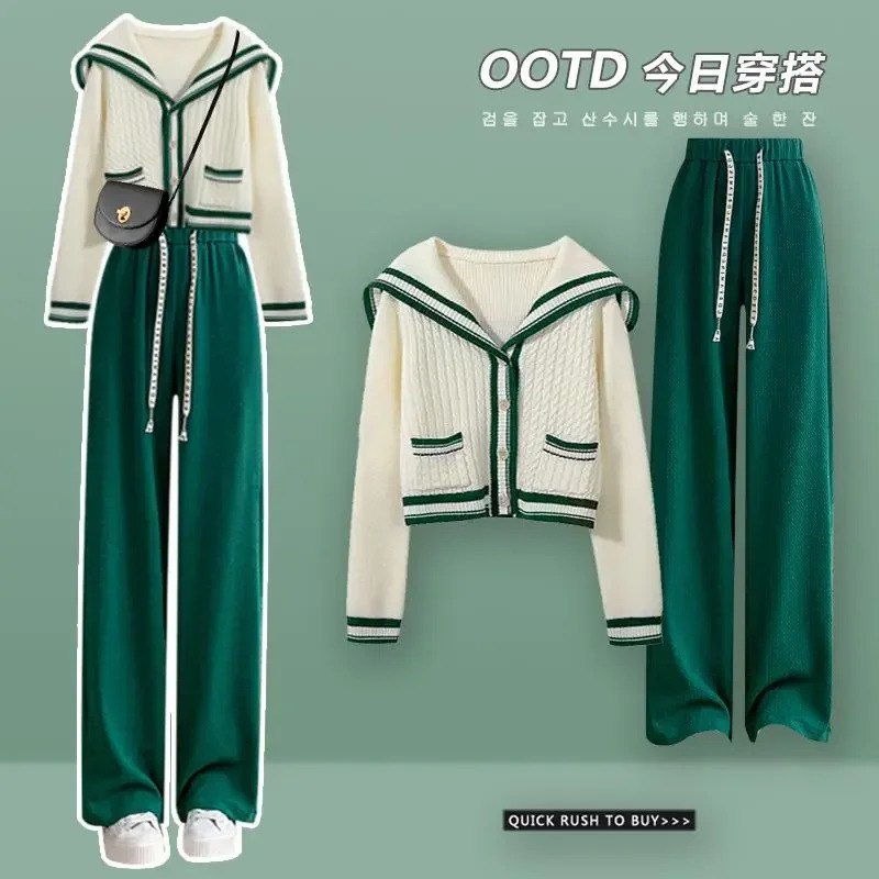 Knitted spring preparatory style sailor neck womens knitted cardigan elastic wide leg pants long sleeved Korean sportswear set 241017
