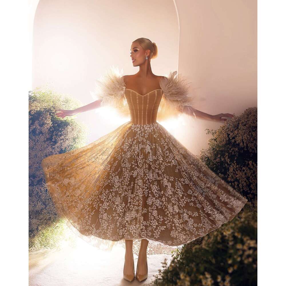 Feathers Tulle Lace Prom Dresses Cap Sleeves Ruffles Extra Puffy Ball Gown 2024 Bridal Gowns Bodice BC19640