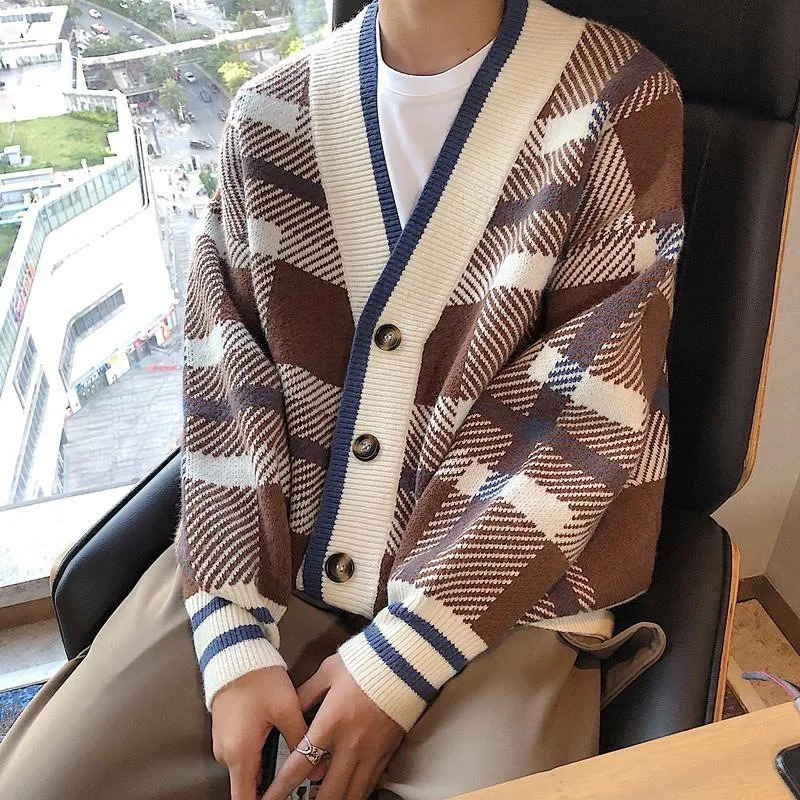 Autumn Mens Knitted Plaid Printed Buttons Cardigan Sweater Long Sleeve Streetwear Leisure Coat Fashion Check Knitwear 241017