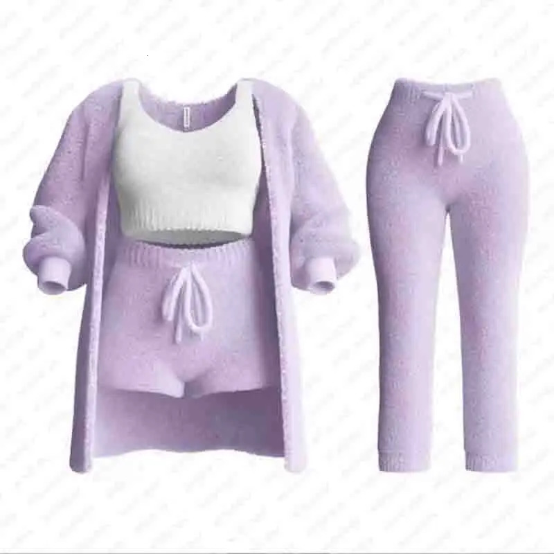 Womens Fuzzy 3-Piece 3 Pe Set O-Collar Cut Tank Top Long Sleeve Wool Warm Hooded Cardigan Shorts Set Casual Wear 241017