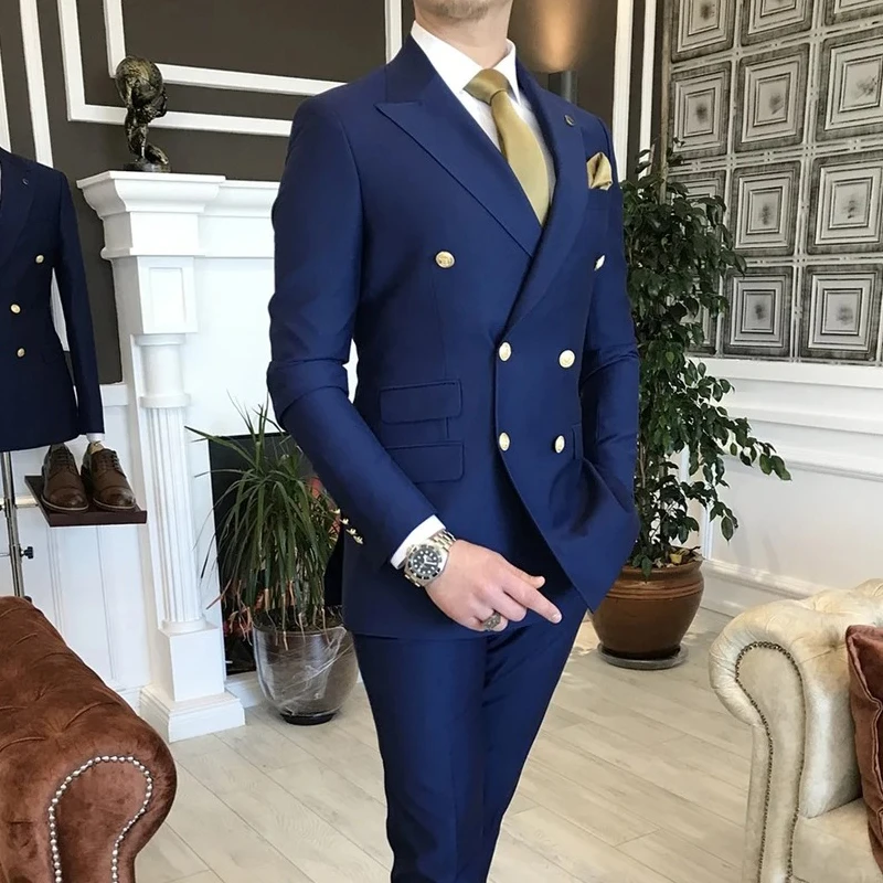 Double Breasted Suits for Men with Peaked Lapel Slim Fit 2 Piece Wedding Tuxedo Man Fashion Male Prom Costume Jacket Pants