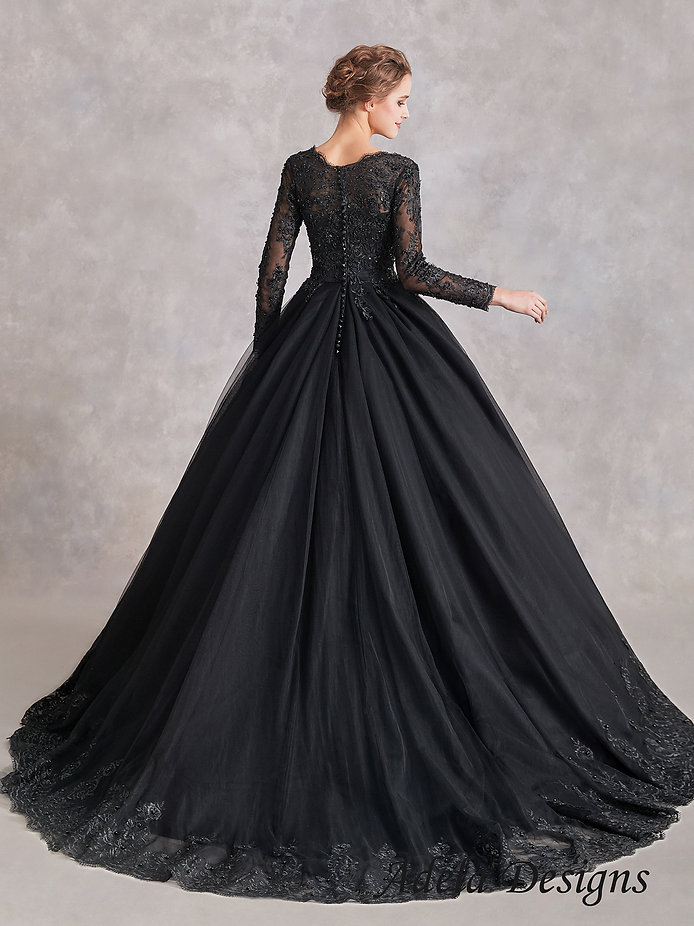 Black Vintage V Neck Long Sleeve A-Line Wedding Dresses Appliques Sweep Train Princess Wedding Gown Vestidos De Noiva