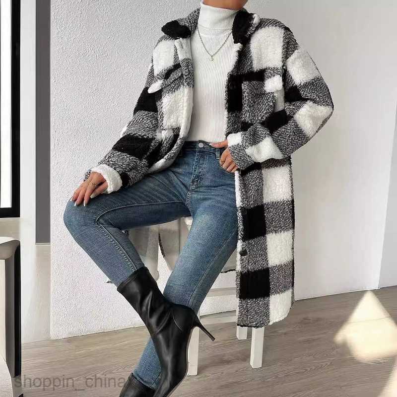 Women Jackets Coats Autumn and Winter Open Collar Plush Checkered Coat Loose Temperament Commuter Long Coat for Women