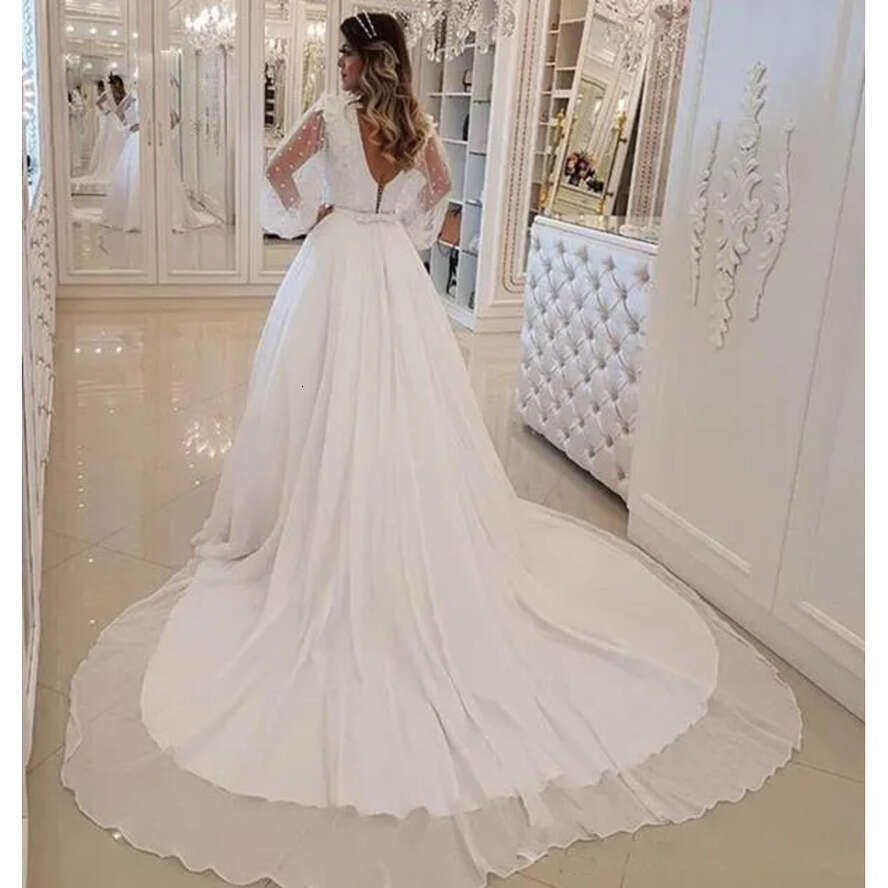 Boho White Summer Cheap Dresses Poet Sheer Long Sleeves V Neck With Appliques Pearls Bridal Garden Beach Wedding Gowns