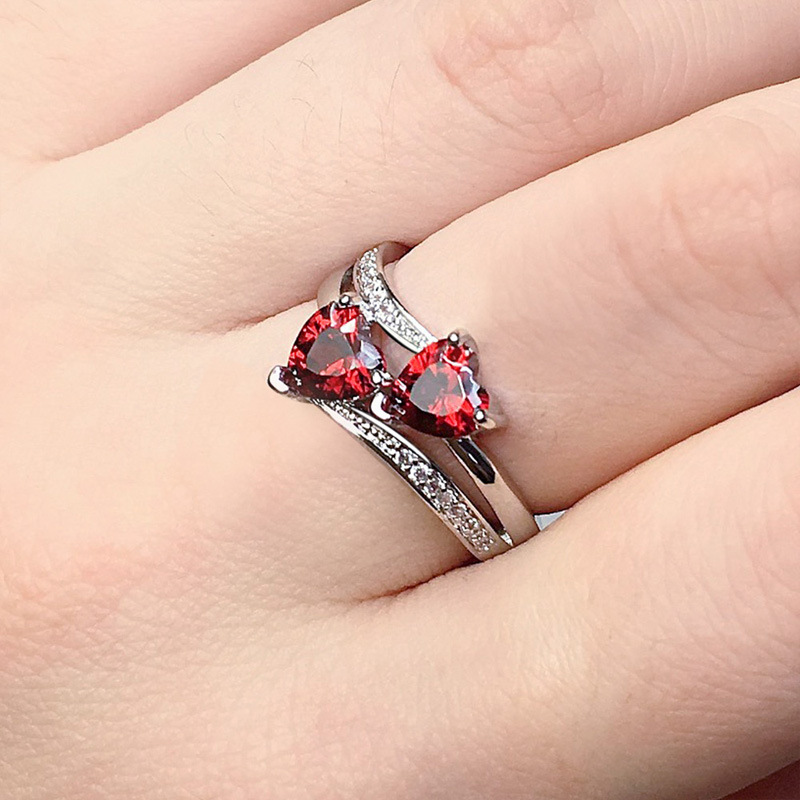 ring Women's zircon ring double heart shape 7mm 12mm diamond white gold wedding ring pink crystal solitaire ring wedding party jewelry