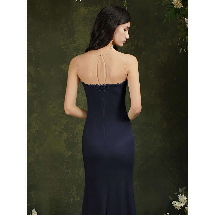 Mermaid Bury 24H Ship Prom Dresses Lace Appliqued Evening Dress Sexy Navy Blue Formal Party Gown In Stock Cg001