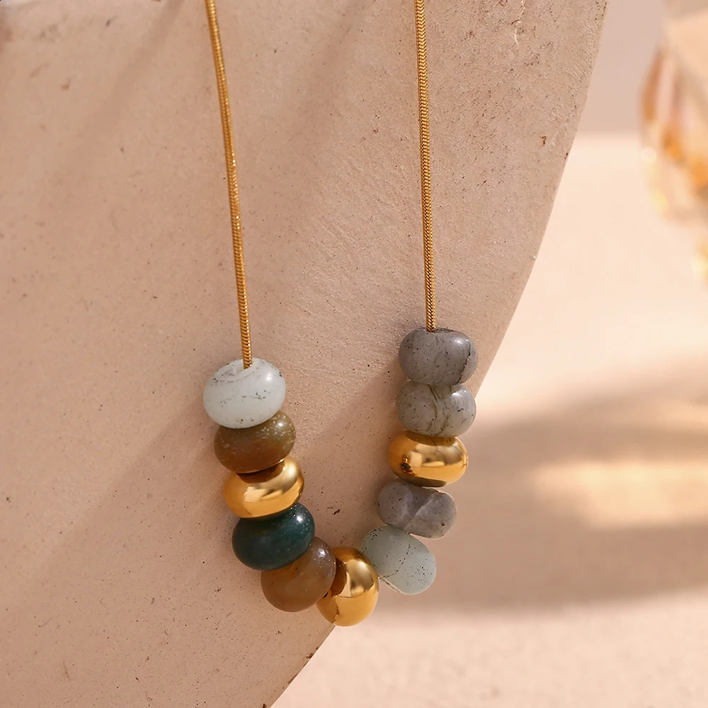 E. B.belle Natural Stone Bead Snake Chain Necklace 18K Gold Plated Jewelry 316L Stainless Steel Decoration 241017