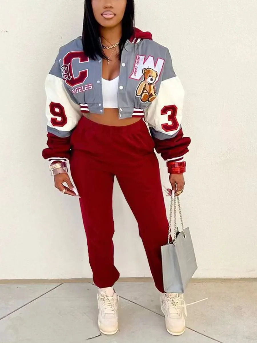 LW Plus size autumn two-piece crop jacket letter decoration topsolid color pants set womens warm hooded jacket and pants 2-piece set 241017